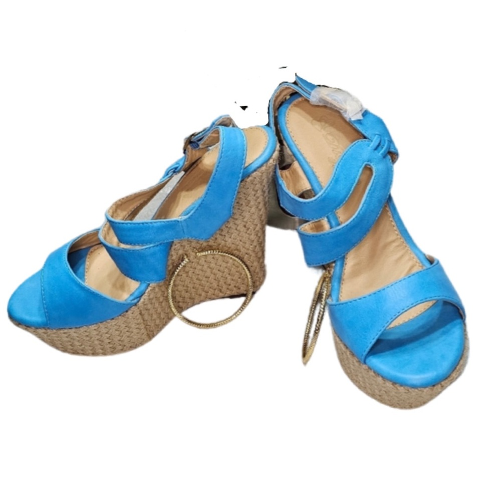 Tweed aqua blue wedge sandals